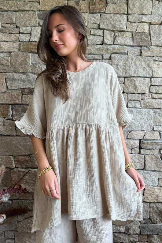 Dusk Bubble Cotton Smock Top Stone